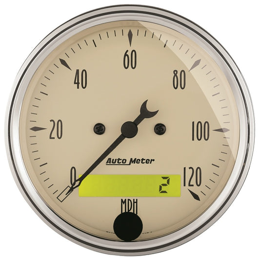 AutoMeter Gauge Speedo. 3-1/8in. 120MPH Elec. Prog. W/ Lcd Odo Antique Beige