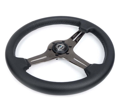 NRG Light Weight Gaming Steering Wheel - 350mm 3 Black Chrome Silver Spokes Perforated Leather