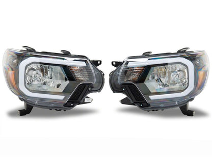 Raxiom 12-15 Toyota Tacoma Axial Series Headlights/Seq LED Bar- Black- Clear Lens