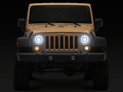 Raxiom 07-08 Jeep Wrangler JK Hi Output LED Headlights/Angel Eye DRL- Black Housing- Clear Lens