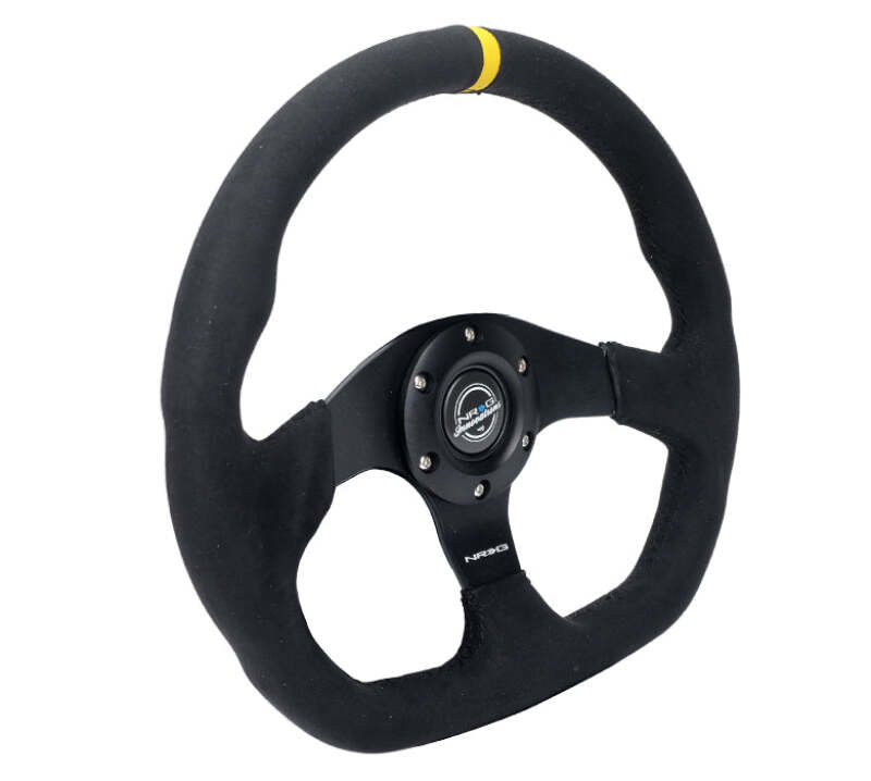 NRG Reinforced Steering Wheel (320mm) Sport Alcantara Flat Bottom w/ Yellow Center Mark