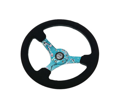 NRG Reinforced Suede Steering Wheel (350mm / 3in. Deep) Hydro Dipped Blossom Floral w/ Teal Stitch
