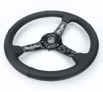 NRG Reinforced Black Perforated Leather Steering Wheel 350mm / 1.5in Deep w/ Goal Digger Blk Stitch