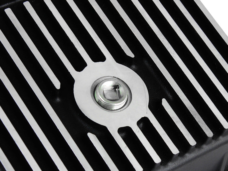 aFe POWER Transmission Pan Ford Trucks 80-92 (AOD Transmission)- Black w/ Machined Fins