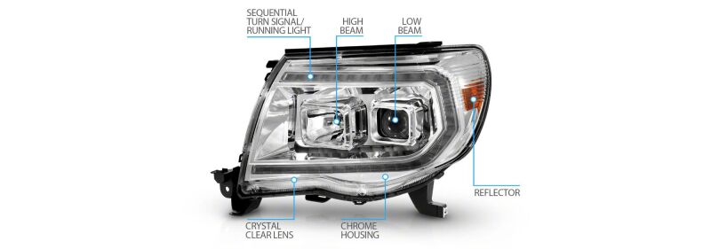 Raxiom 05-11 Toyota Tacoma Axial Series Switchback Proj Headlights- Chrome- Clear Lens