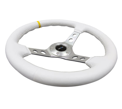 NRG Reinforced Steering Wheel (350mm / 3in. Deep) White Leather w/Silver Spoke & Single Yellow Mark