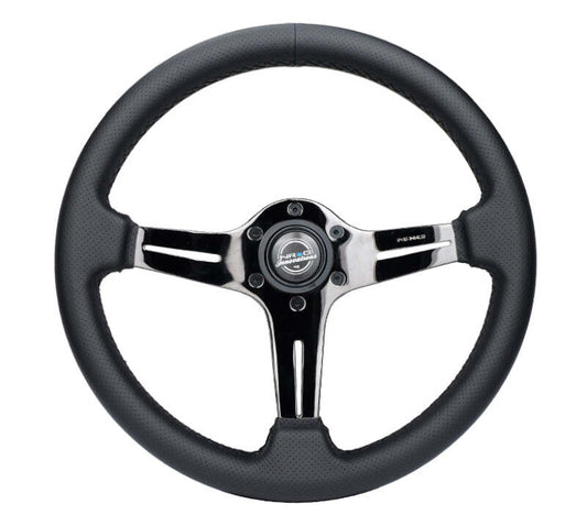 NRG Light Weight Gaming Steering Wheel - 350mm 3 Black Chrome Silver Spokes Perforated Leather