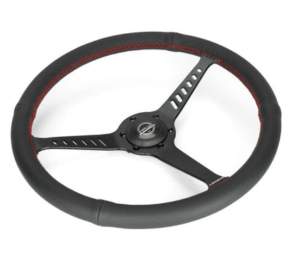 NRG Reinforced Stealth Wheel (380mm) 3 Spoke Center - 1in Deep Dish - Perforated Leather Red Stitch