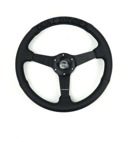 NRG Reinforced Black Perforated Leather Steering Wheel 350mm / 1.5in Deep w/ Goal Digger Blk Stitch