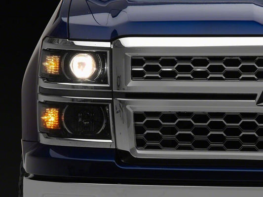 Raxiom 14-15 Chevrolet Silverado 1500 OE Projector Headlights/Chrome Trim- Black- Clear Lens